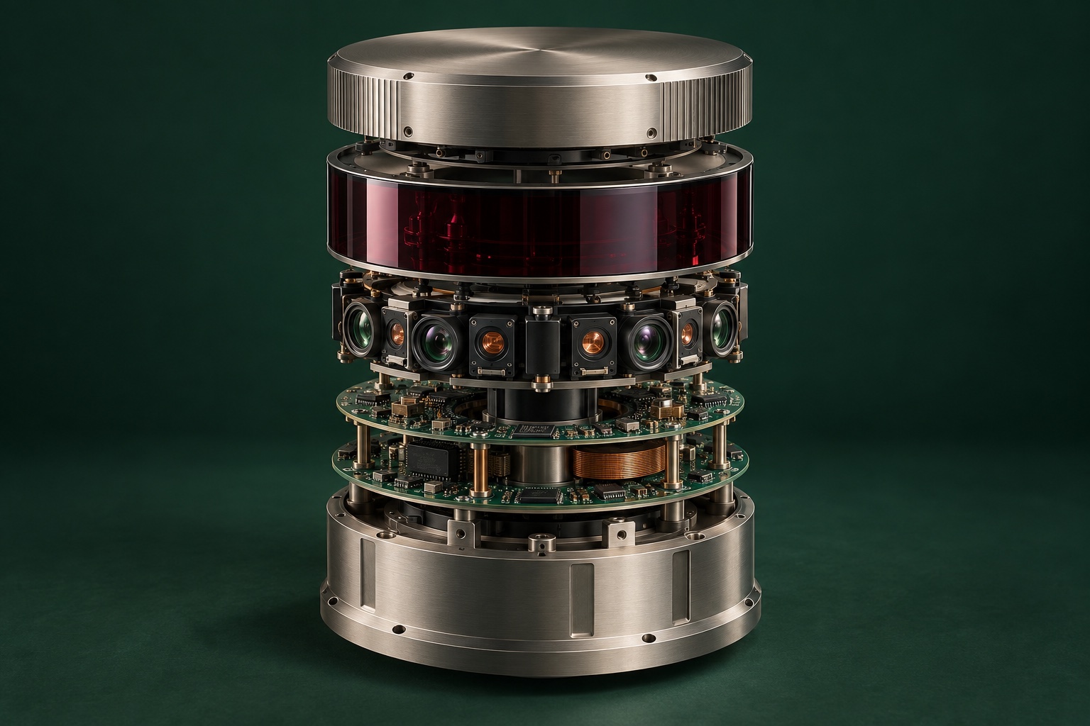 Conceptual exploded lidar sensor with precision optics and circular electronics