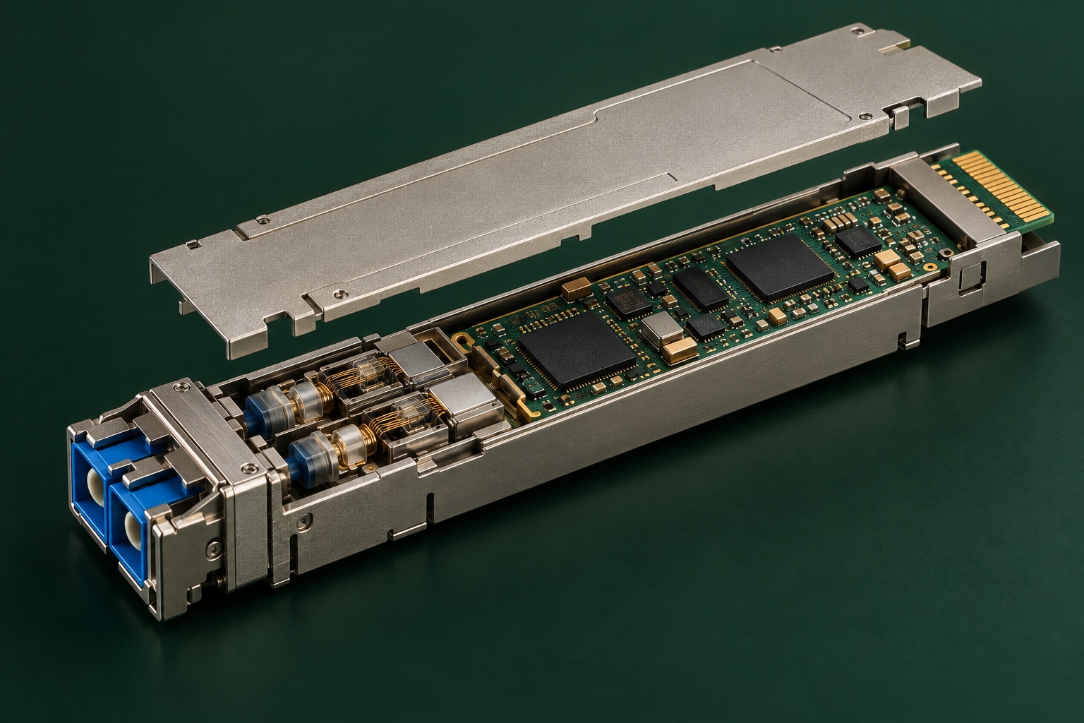 Conceptual optical transceiver with its metal lid lifted to reveal photonics and circuitry